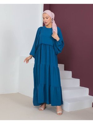 Lacivert Ayrobin Balon Kol Elbise