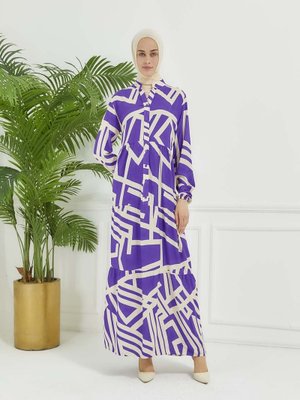 Lila Geometrik Desen Elbise