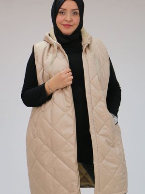 Büyük Beden Fermuarlı Kapüşonlu Kapitone Yelek Bej Büyük Beden Fermuarlı Kapüşonlu Kapitone Yelek Bej