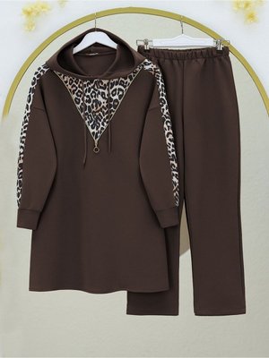 Kapüşonlu Fermuar Detaylı Leoparlı Skuba Takım