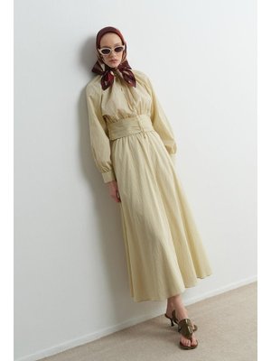 Bej Freya Balon Kol Bel Büzgülü Etekli Takım