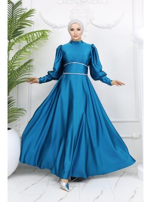 Petrol Sehran Saten Abiye Elbise