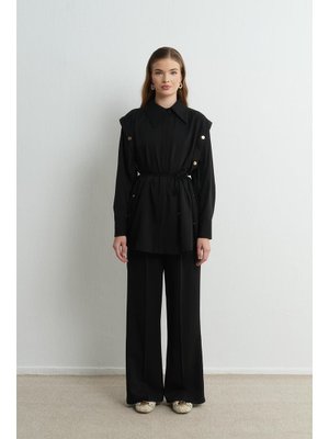 Siyah Volan Çıt Detaylı Gömlek Takım