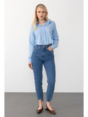 Mavi Yüksek Bel Rahat Kesim Daralan Paça Jean Pantolon