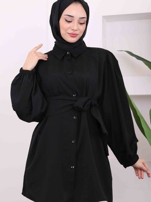 Siyah Bel Kuşaklı Gömlek Tunik Siyah Bel Kuşaklı Gömlek Tunik