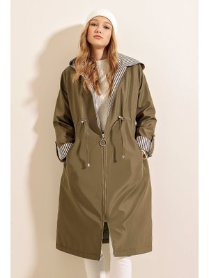 Haki Beli Büzgülü Kapüşonlu Trençkot Haki Beli Büzgülü Kapüşonlu Trençkot