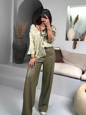 Yağ Yeşili Beli Lastikli Çımalı Deri Palazzo