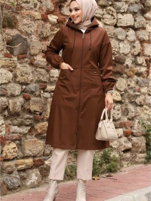 Kapüşonlu Cepli İçi Çizgi Desenli Trençkot