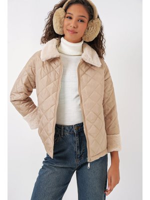 Bej Peluş Detaylı Kapitone Mont Bej Peluş Detaylı Kapitone Mont