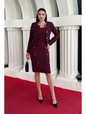 Bordo Tüvit Kumaş Bisiklet Yaka Ceket Etek Takım