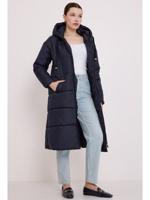 Lacivert Kapüşonlu Uzun Şişme Mont Lacivert Kapüşonlu Uzun Şişme Mont