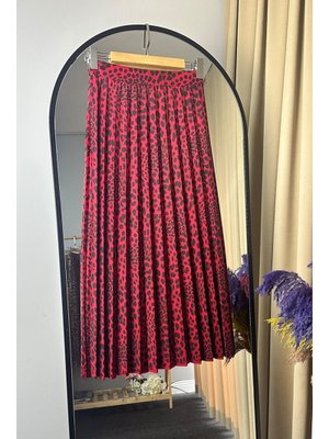 Kırmızı Leopar Desen Piliseli Etek