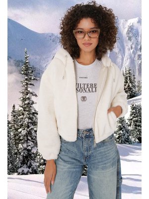 Ekru Kapüşonlu Peluş Crop Ceket Ekru Kapüşonlu Peluş Crop Ceket