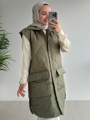 Cep Detay Kapitone Yelek Haki