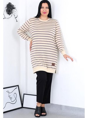 Büyük Beden İki İplik Mor Çizgili Tunik