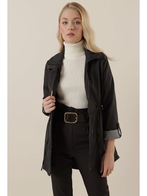 Siyah Beli Büzgülü Trençkot Siyah Beli Büzgülü Trençkot