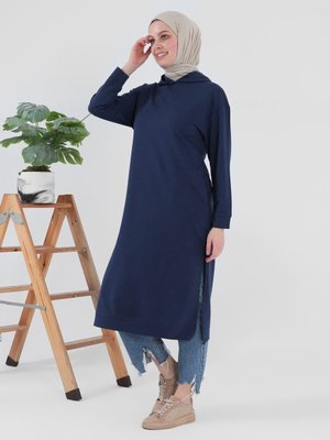 Kapüşonlu Uzun Sweatshirt Koyu İndigo Kapüşonlu Uzun Sweatshirt Koyu İndigo