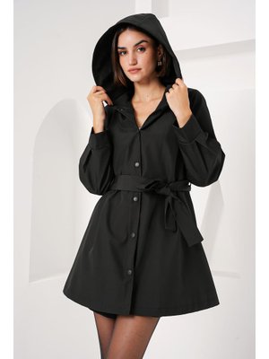 Siyah Kapüşonlu Trençkot Siyah Kapüşonlu Trençkot