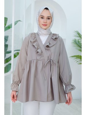 Gri Yan Baglamalı Fırfır Detay