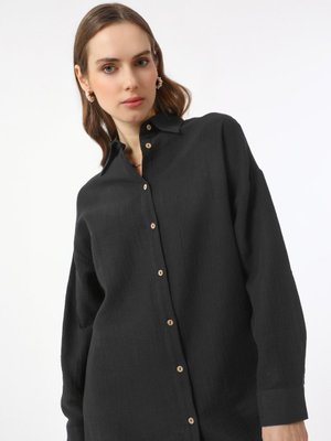 Siyah Keten Dokulu Pamuk Kumaşlı Tunik