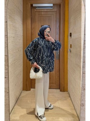 Lacivert Payetli Kot Ceket