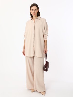 Krem Kendinden Çizgili Rahat Kalıp İkili Takım