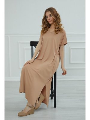 Sütlü Kahve Yırtmaçlı Penye Elbise,elb