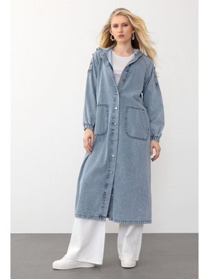 Mavi Kapüşonlu Düğme Detaylı Denim Kap Mavi Kapüşonlu Düğme Detaylı Denim Kap