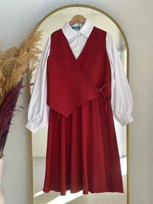 Manolya Etekli Yelekli Tek Cepli Takım Bordo