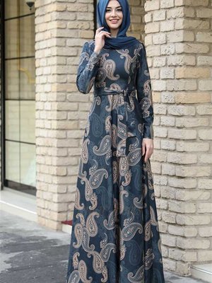 / Kışlık Etnik Elbise Mavi