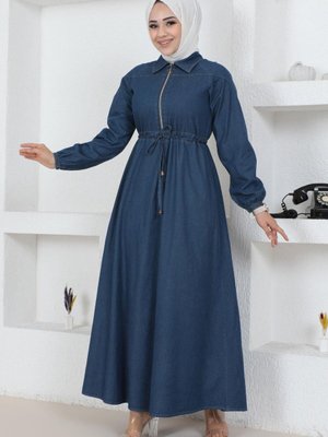 Koyu Mavi Fermuar Detaylı Bağcıklı Kot Elbise