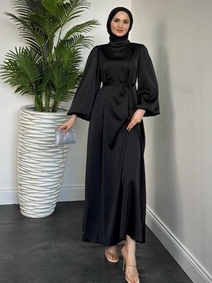 Dimitra Balon Kol Saten Elbise Siyah Dimitra Balon Kol Saten Elbise Siyah