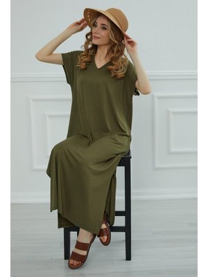 Haki Yırtmaçlı Penye Elbise,elb