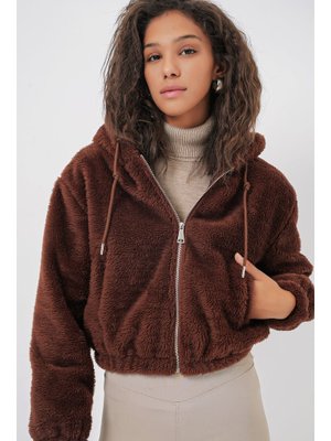 Kahverengi Kapüşonlu Peluş Crop Ceket