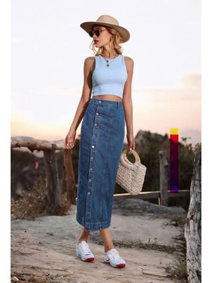 Koyu Mavi Önden Düğmeli Kot Etek