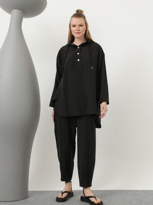 Siyah Lyocell Kumaş Kapişonlu İkili Takım