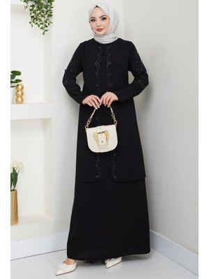 Siyah Büyük Beden Boncuklu Taşlı Anne Elbisesi