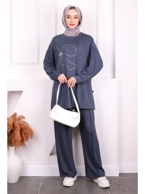 Antrasit Taş İşlemeli Modal Tunik Pantolonlu Takım