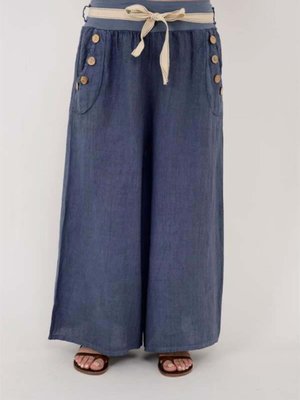 Mürdüm İtalyan Korsajlı Düğme Detay Otantik Kemerli Bol Paçalı Keten Pantolon