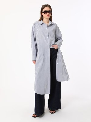 Çizgili Poplin Oversize Gömlek Tunik Lacivert Cizgili