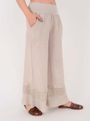 Bej İtalyan Fisto Paça Detaylı Keten Pantolon