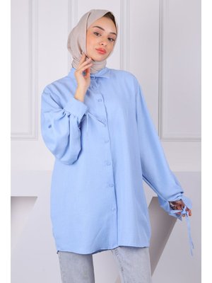 Mavi Kol Bağlamalı Keten Tunik Mavi Kol Bağlamalı Keten Tunik