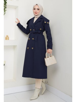 Omuzları Apolet Detaylı Astarlı Lacivert Trençkot
