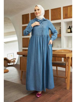 Koyu Mavi Tensel Süs Yakalı Elbise