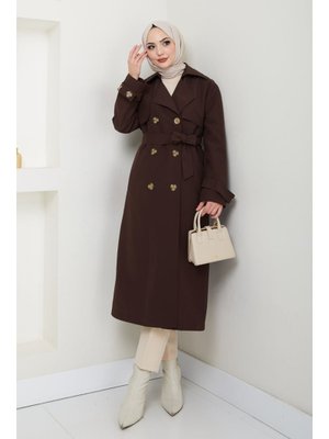 Taşlı Toka Detaylı Astarlı Acı Kahve Trençkot