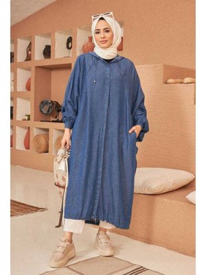 Koyu Mavi Denim Kapüşonlu Yarasa Tunik Koyu Mavi Denim Kapüşonlu Yarasa Tunik