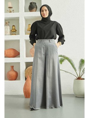Gri Denim Bol Paça Pantolon Etek Gri Denim Bol Paça Pantolon Etek