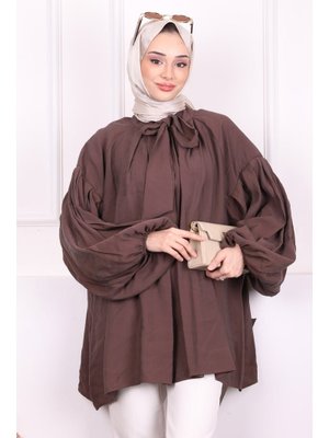 Kahverengi Yaka Bağlamalı Balon Kol Tunik