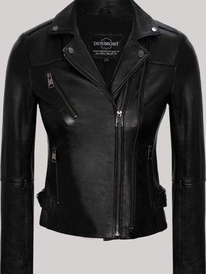 Siyah Hakiki Kuzu Derisi Kemer Detaylı Çift Fermuarlı Üç Cepli Deri Mont