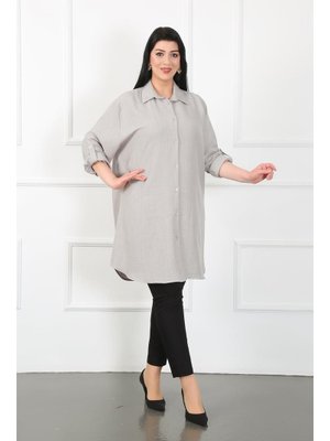 Gri Soft Keten Büyük Beden Tunik